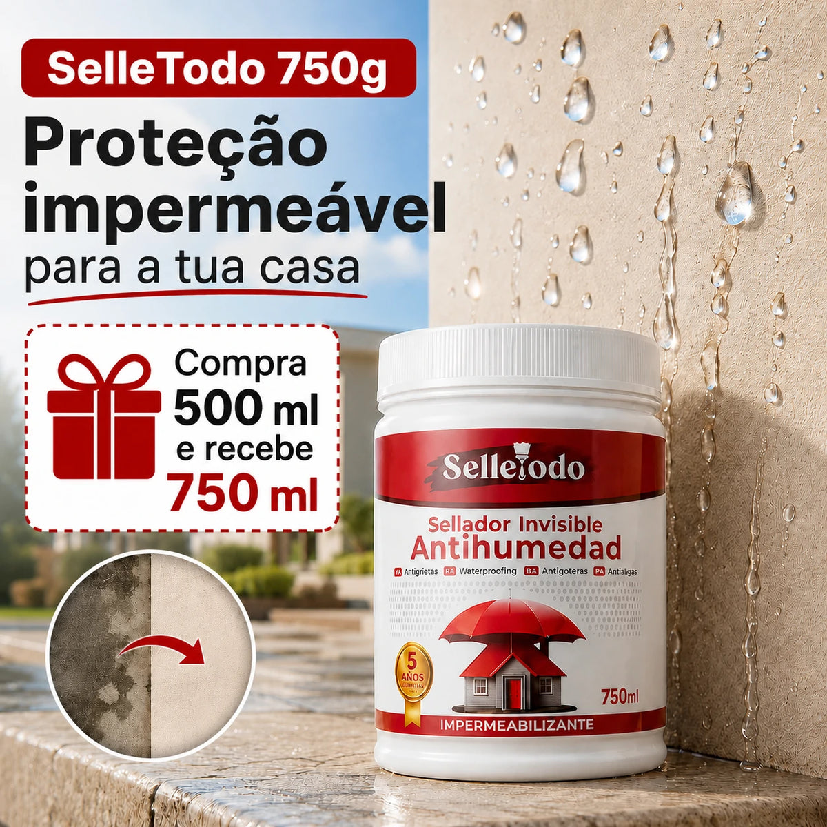SelleTodo 750g, Selante Impermeável de Longa Duração Contra Infiltrações, Goteiras e Humidade