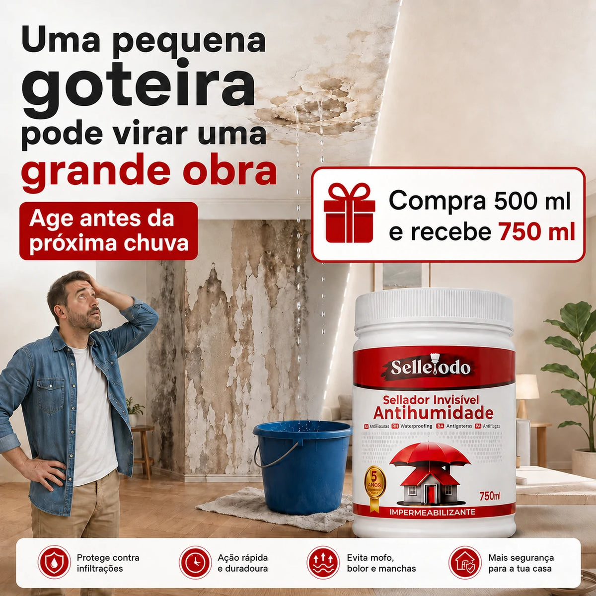 SelleTodo 750g, Selante Impermeável de Longa Duração Contra Infiltrações, Goteiras e Humidade