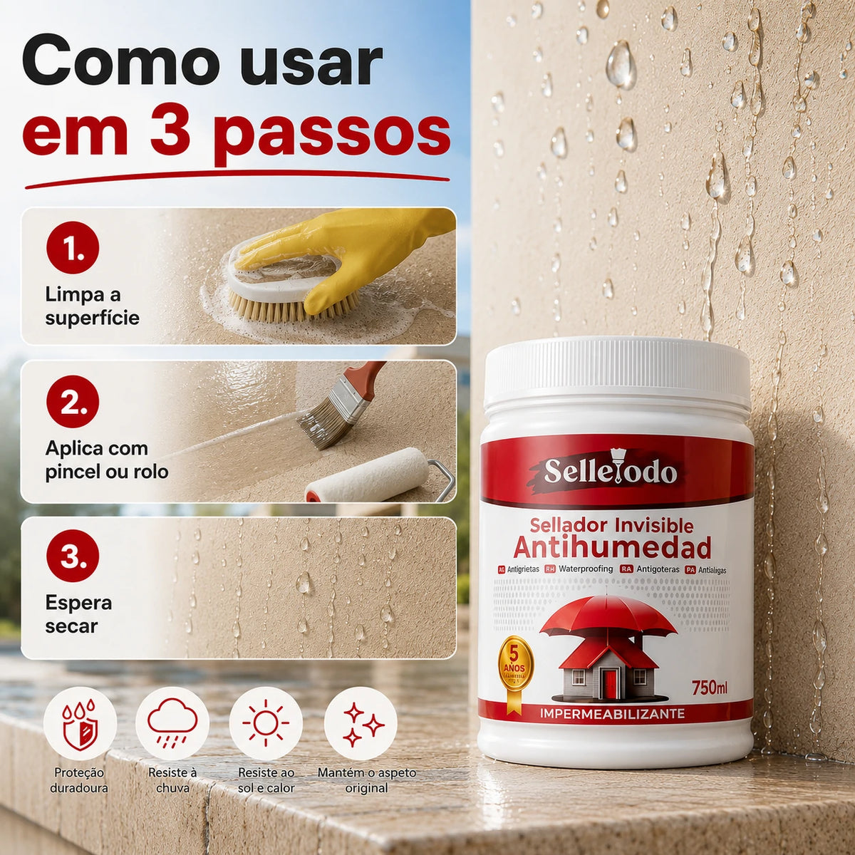 SelleTodo 750g, Selante Impermeável de Longa Duração Contra Infiltrações, Goteiras e Humidade